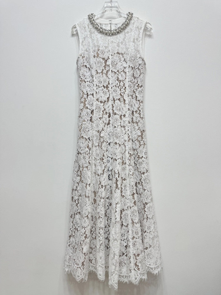 Flower Lace Patchwork Pearls Long Dress