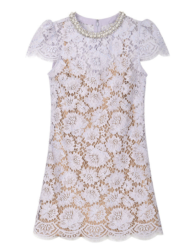 Flower Lace Patchwork Pearls Short Dress