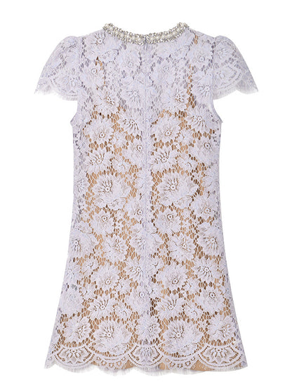 Flower Lace Patchwork Pearls Short Dress