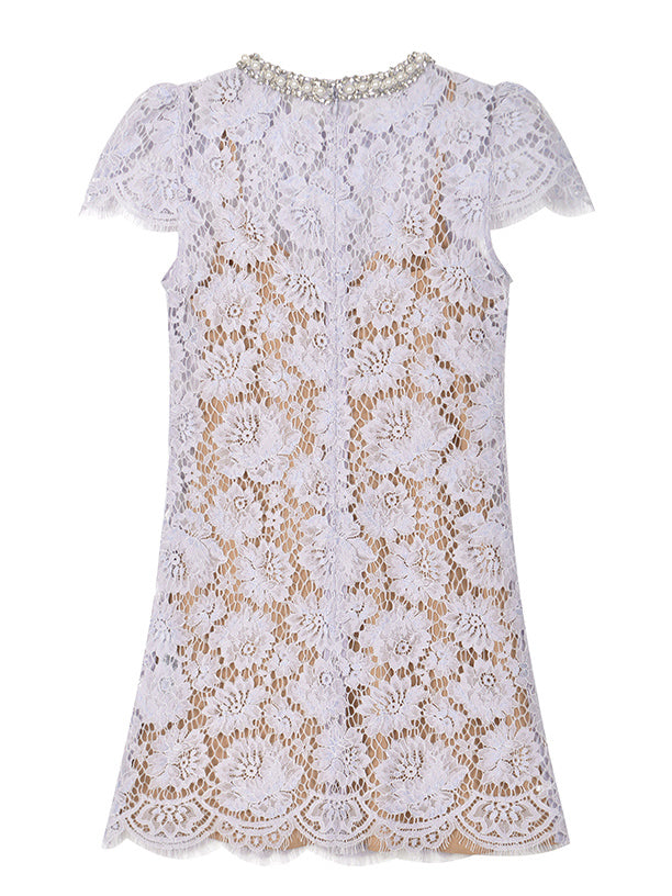 Flower Lace Patchwork Pearls Short Dress
