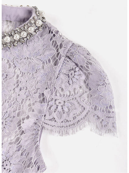 Flower Lace Patchwork Pearls Short Dress