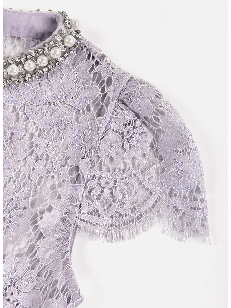 Flower Lace Patchwork Pearls Short Dress