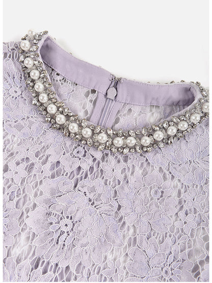 Flower Lace Patchwork Pearls Short Dress