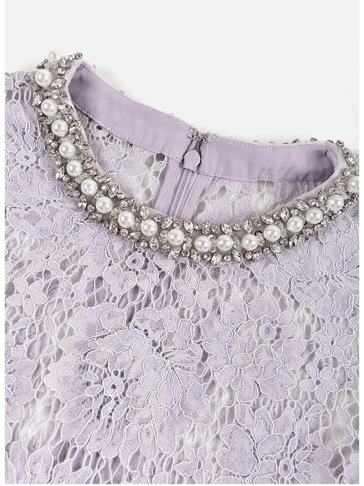 Flower Lace Patchwork Pearls Short Dress