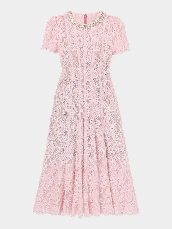 Flower Lace Patchwork Pearls Long Dress