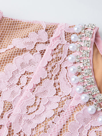 Flower Lace Patchwork Pearls Long Dress