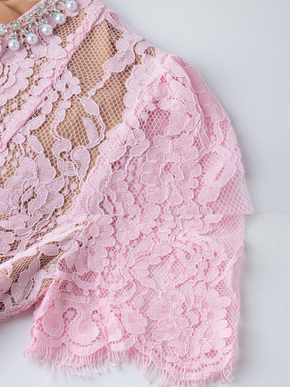 Flower Lace Patchwork Pearls Long Dress