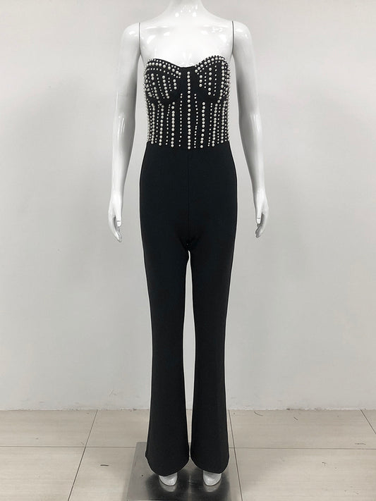 Patchwork Pearls Off Shoulder Jumpsuits