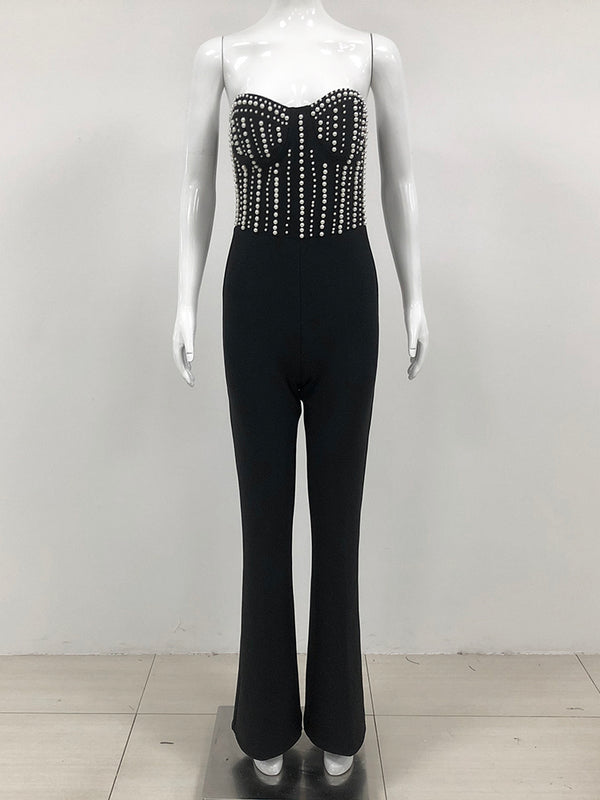 Patchwork Pearls Off Shoulder Jumpsuits