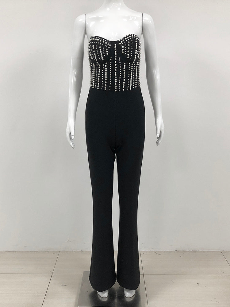 Patchwork Pearls Off Shoulder Jumpsuits