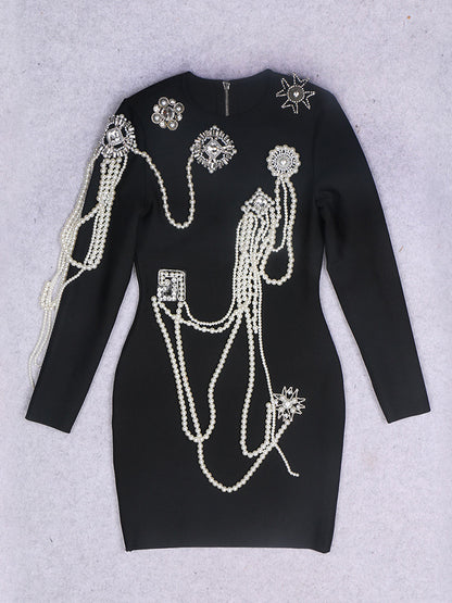 Solid Patchwork Pearls Short Dress