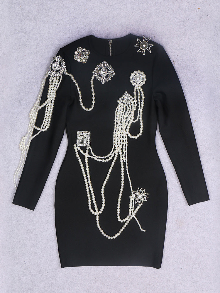 Solid Patchwork Pearls Short Dress