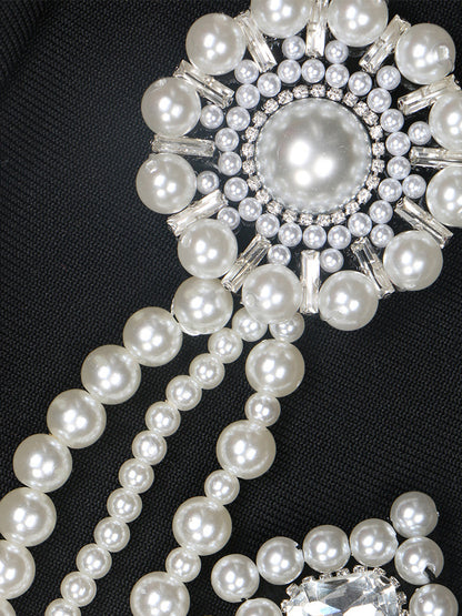 Solid Patchwork Pearls Short Dress
