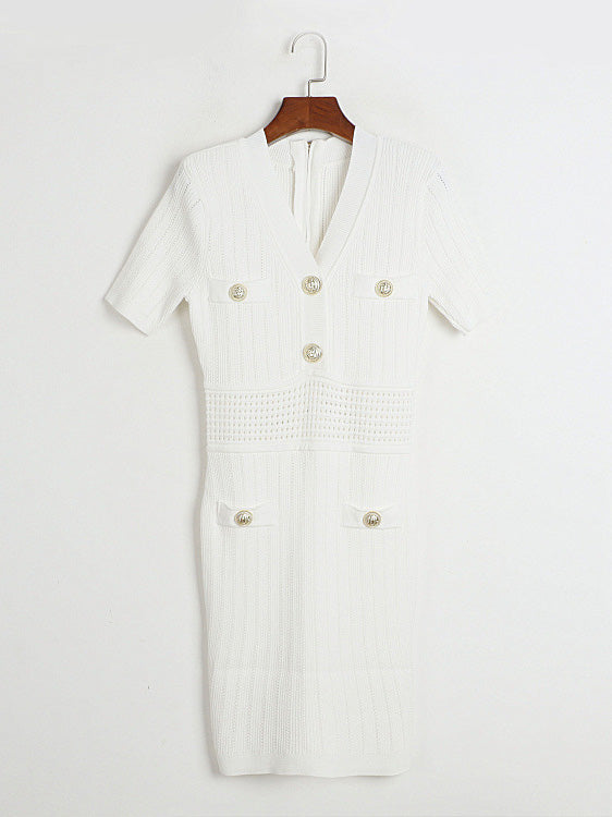 Solid V-neck Knit Short Dress