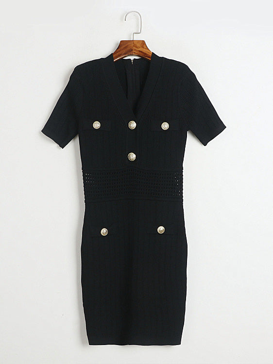 Solid V-neck Knit Short Dress