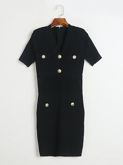 Solid V-neck Knit Short Dress