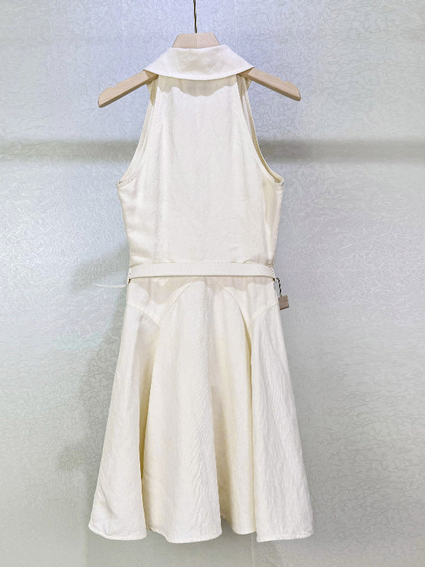 Solid Belt Sleeveless Short Dress