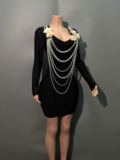 Patchwork Pearls Flower Short Dress