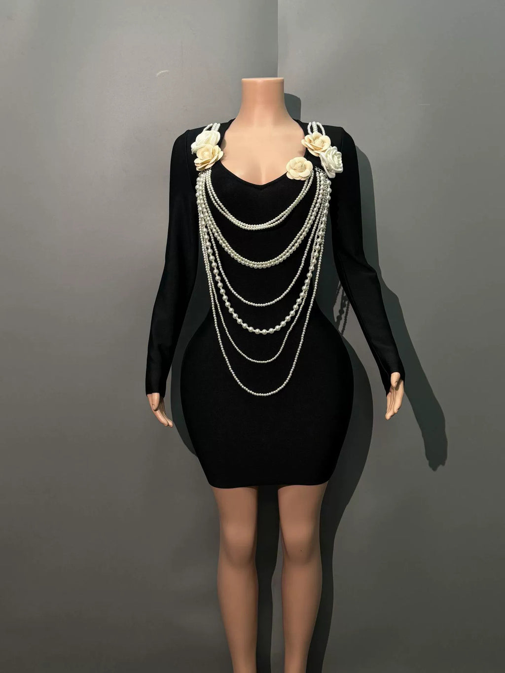Patchwork Pearls Flower Short Dress