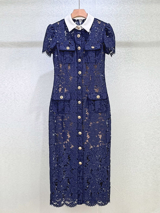 Elegant Lace Hit Color Midi Dress