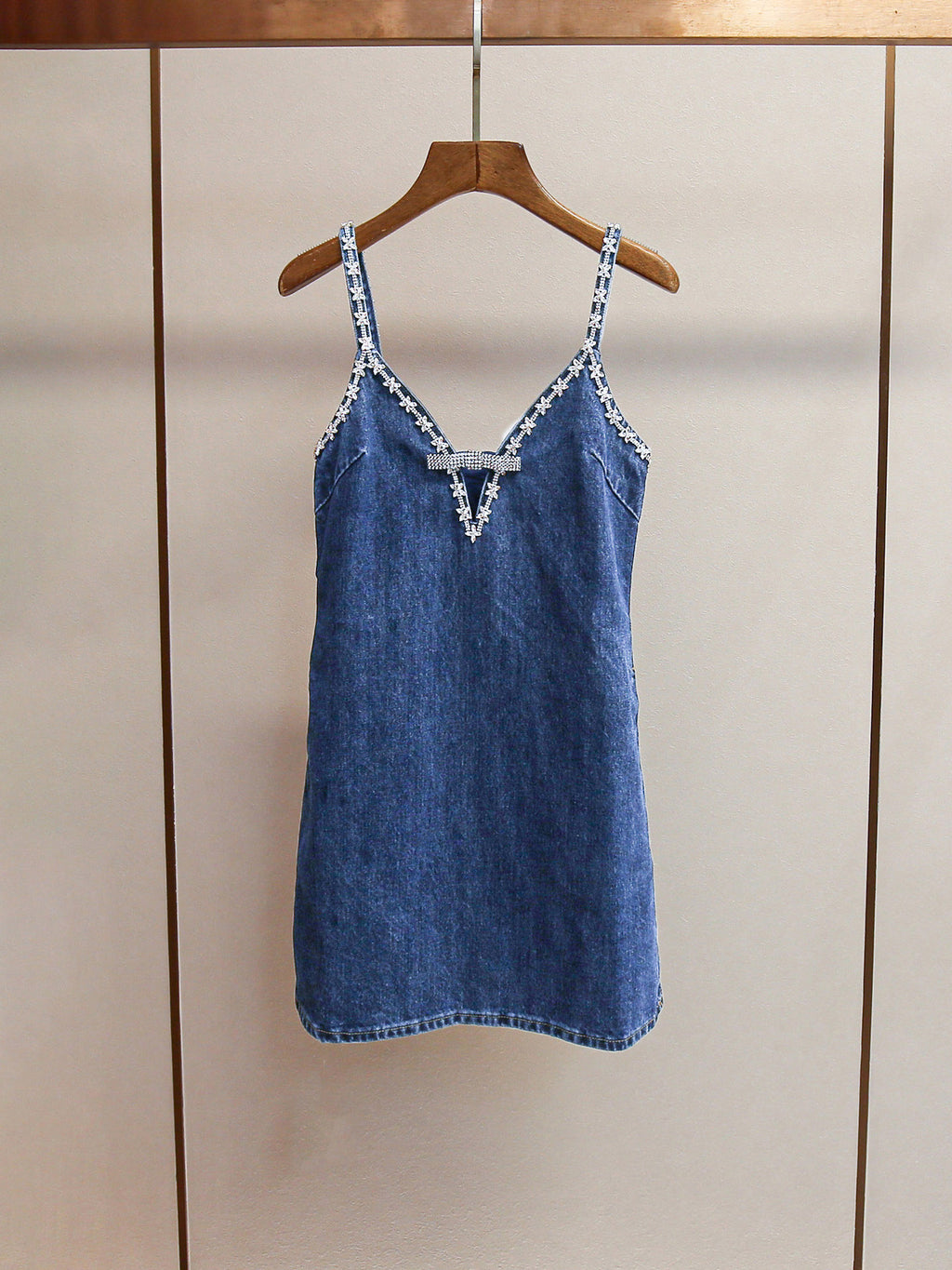 Denim V-neck Patchwork Diamonds Short Dress