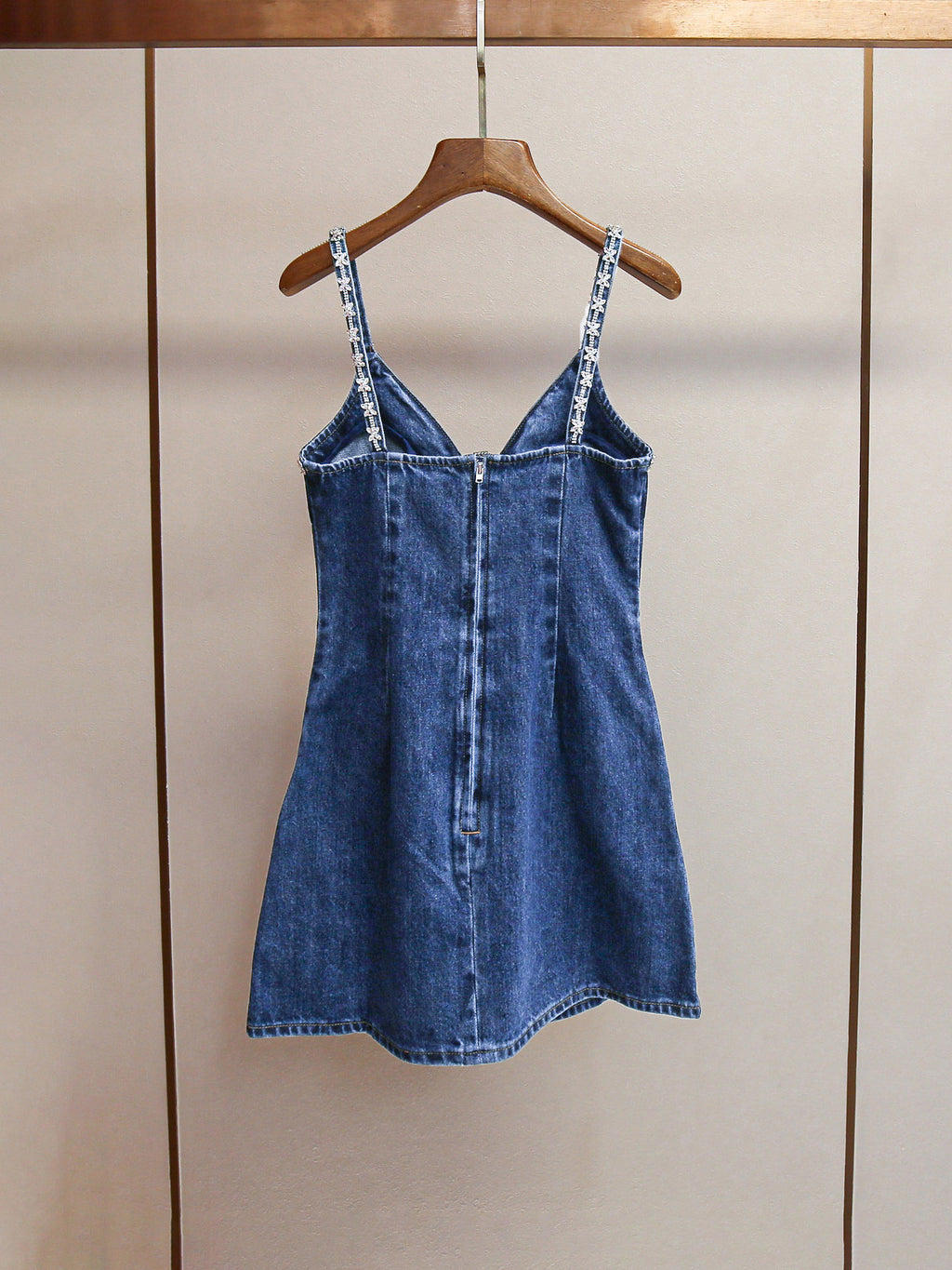 Denim V-neck Patchwork Diamonds Short Dress