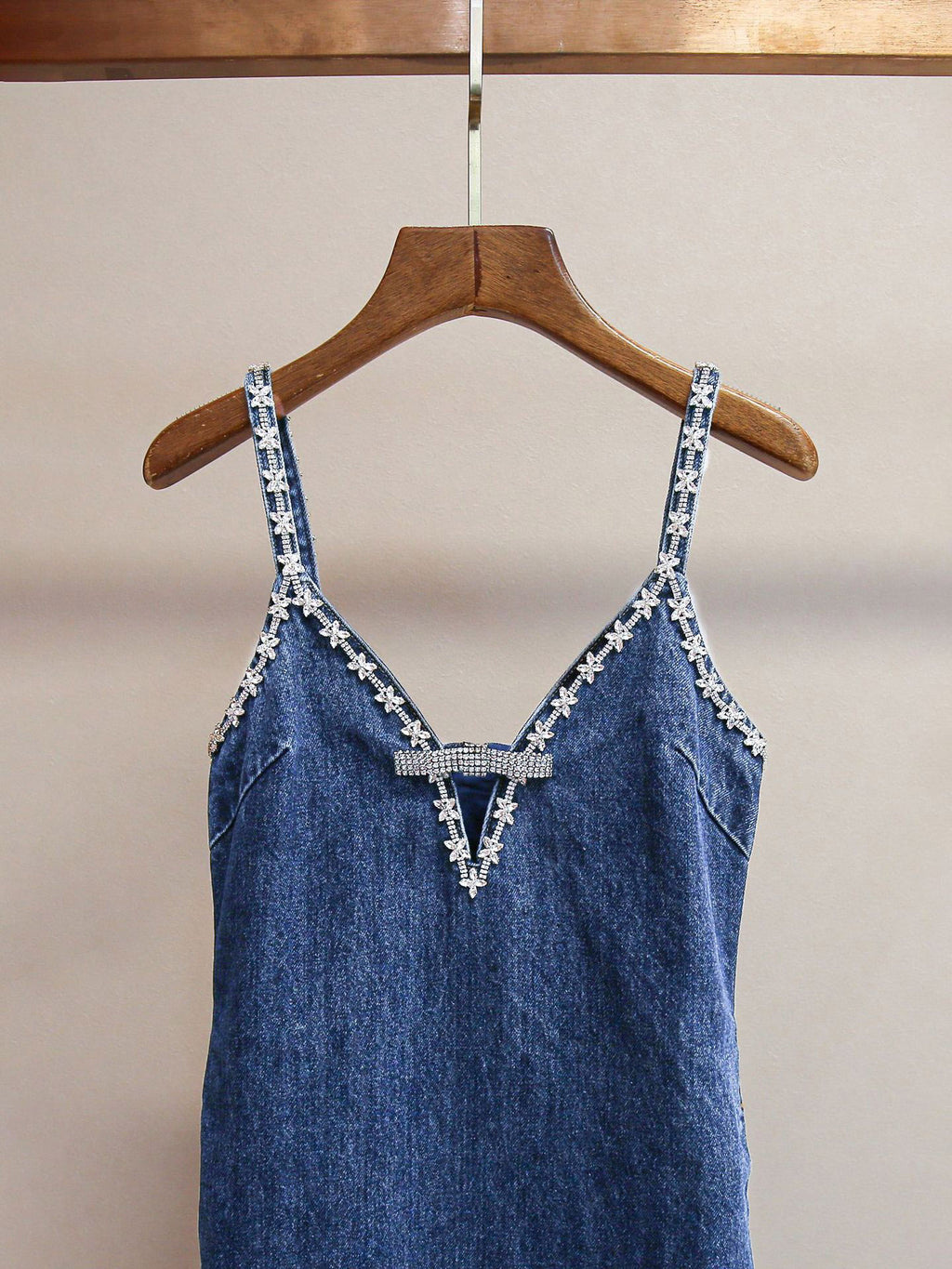 Denim V-neck Patchwork Diamonds Short Dress