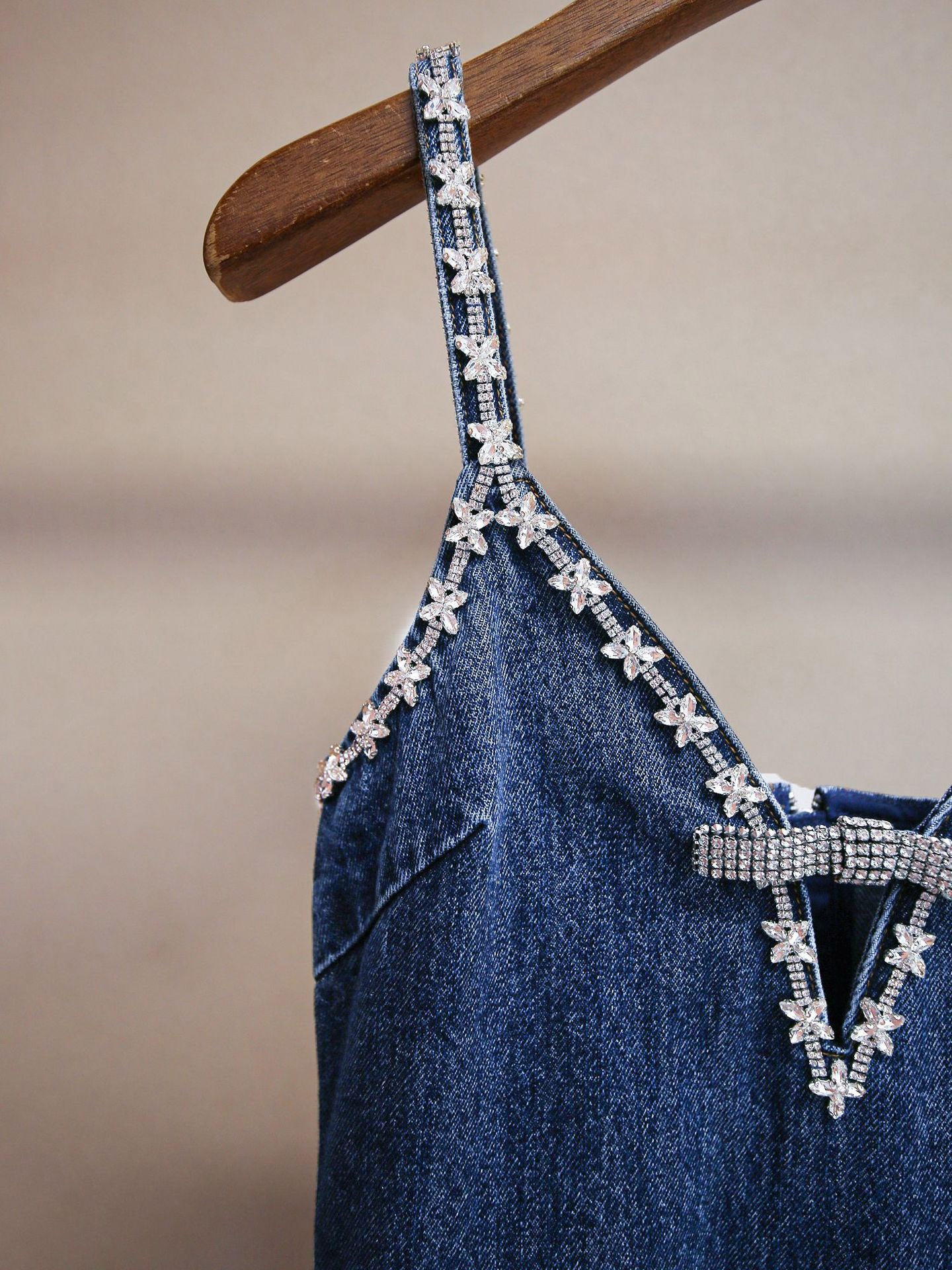 Denim V-neck Patchwork Diamonds Short Dress