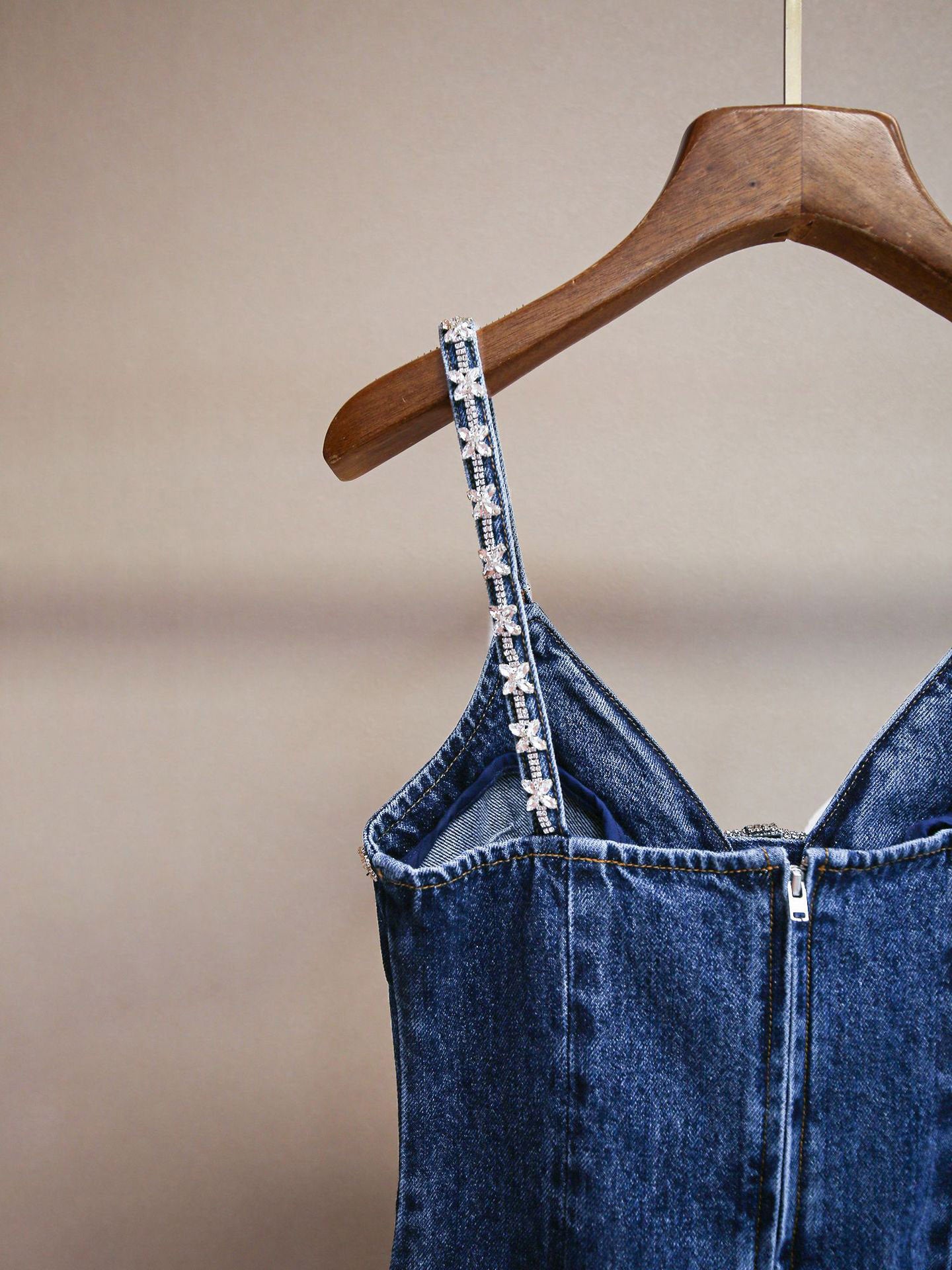Denim V-neck Patchwork Diamonds Short Dress