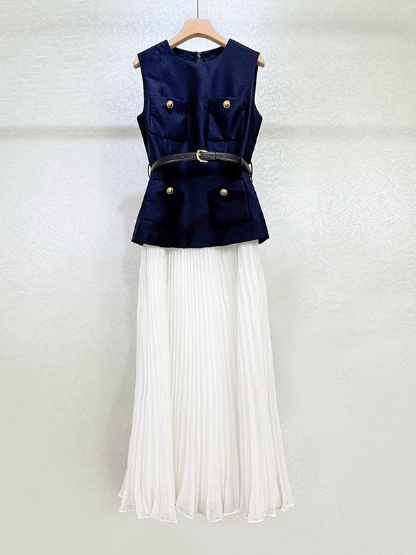 Elegant Hit Color Pleated Long Dress