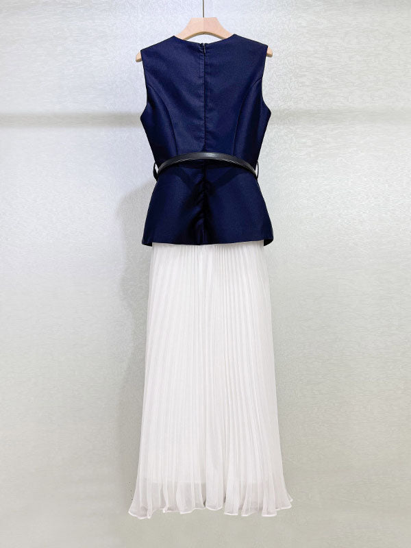 Elegant Hit Color Pleated Long Dress