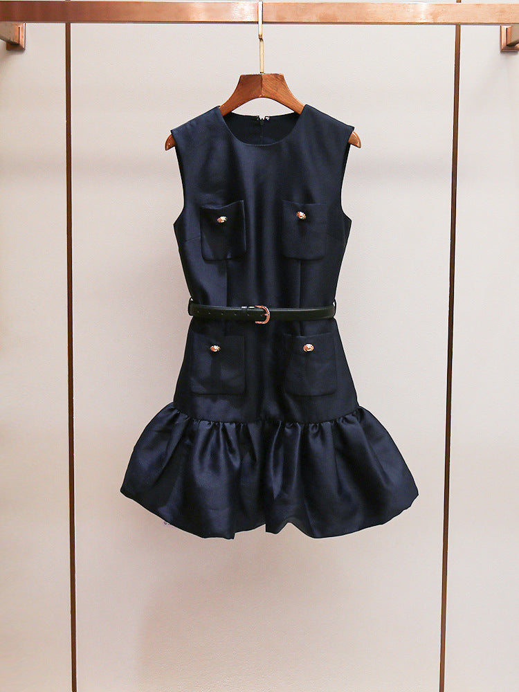 Solid Sleeveless Round Neck Short Dress