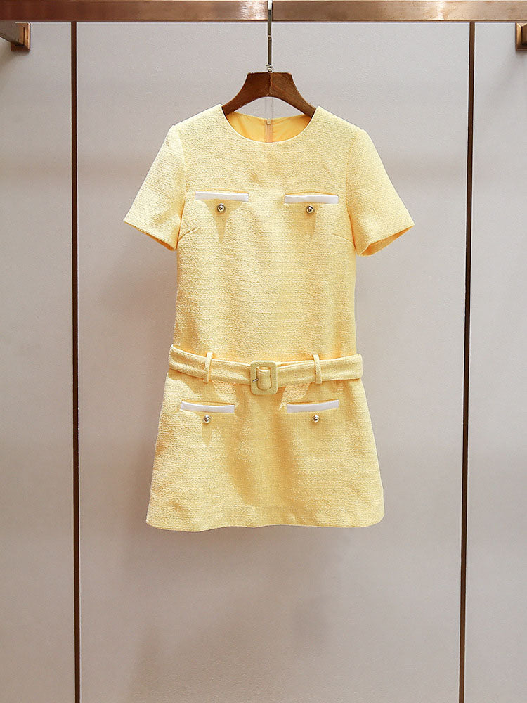 Solid Round Neck Belt Short Dress
