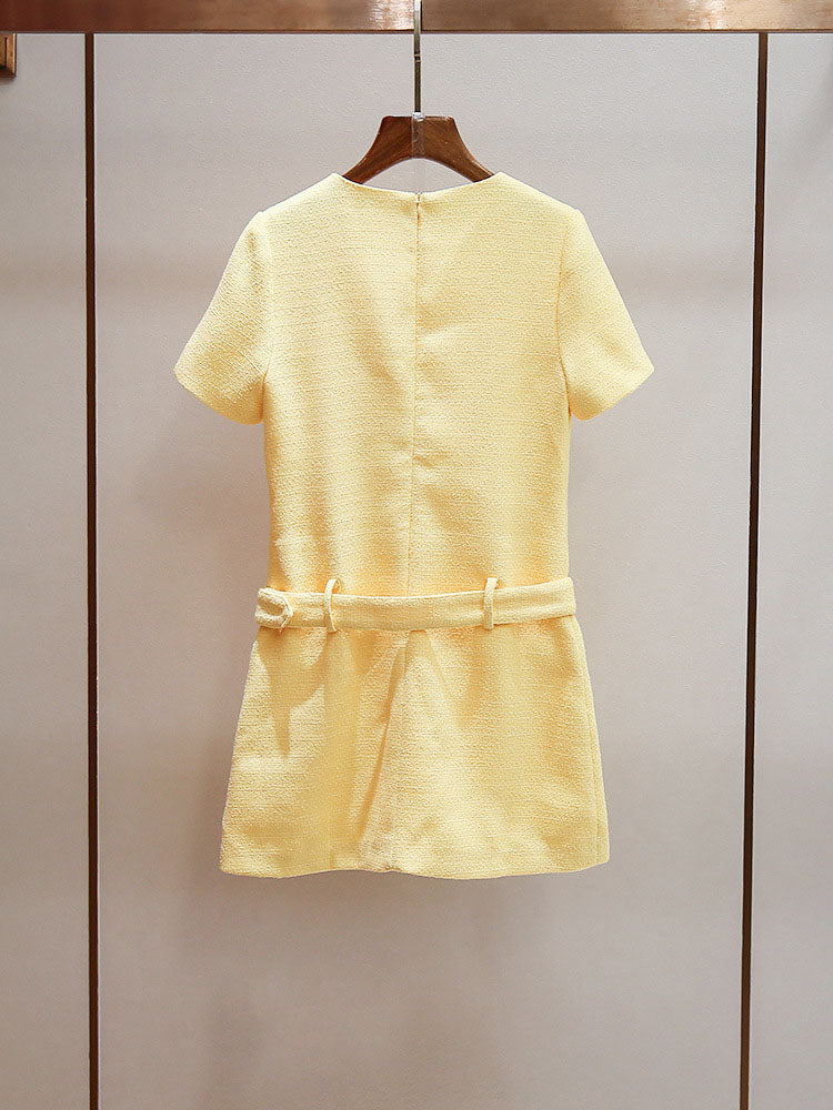 Solid Round Neck Belt Short Dress