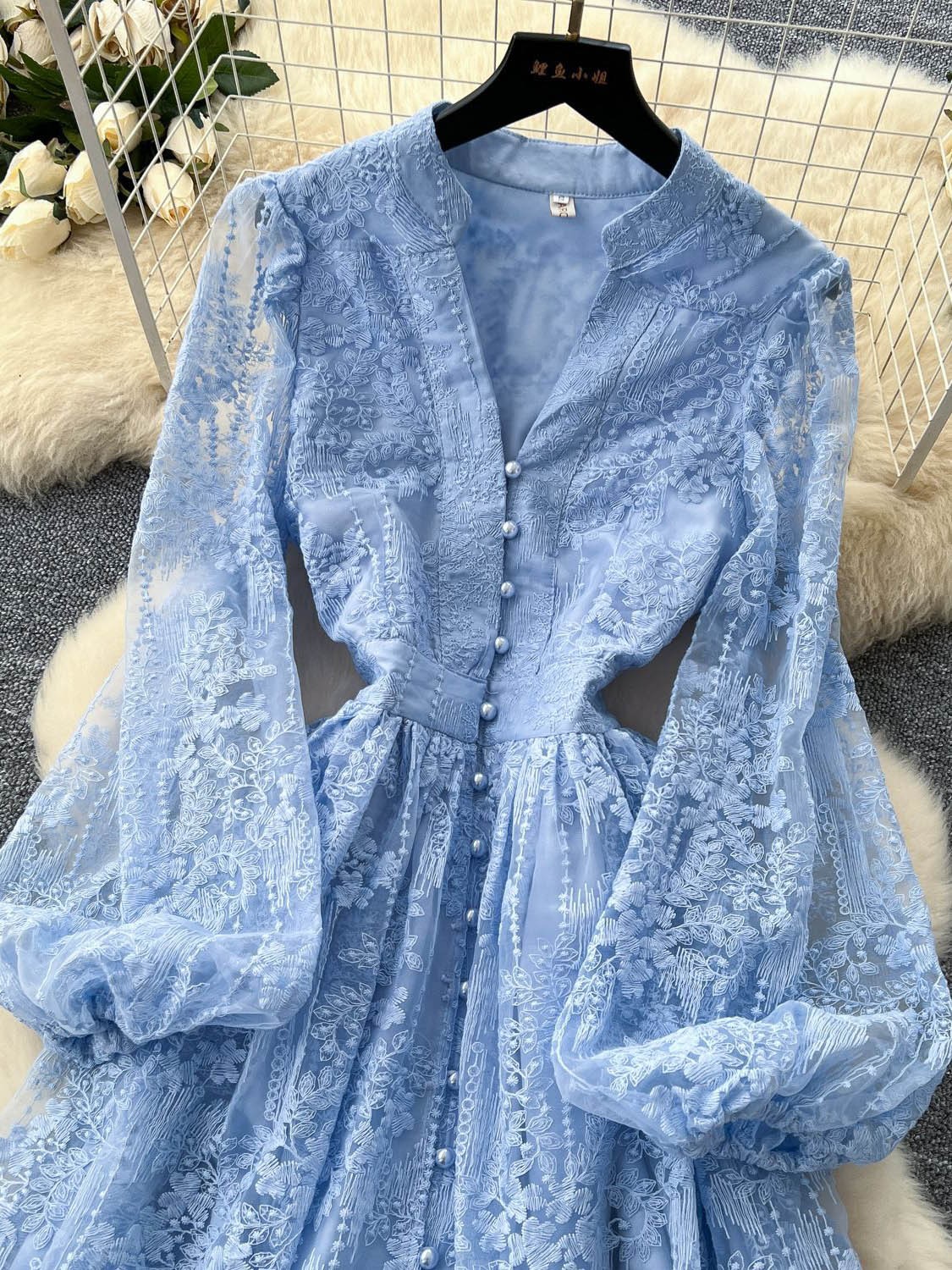 V-neck Solid Patchwork Mesh Short Dress