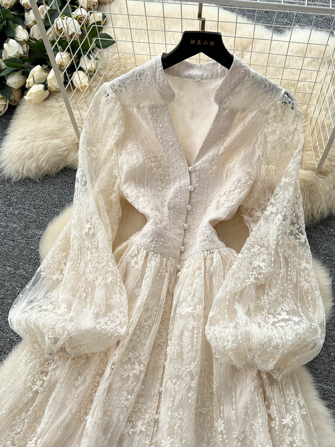 V-neck Solid Patchwork Mesh Short Dress