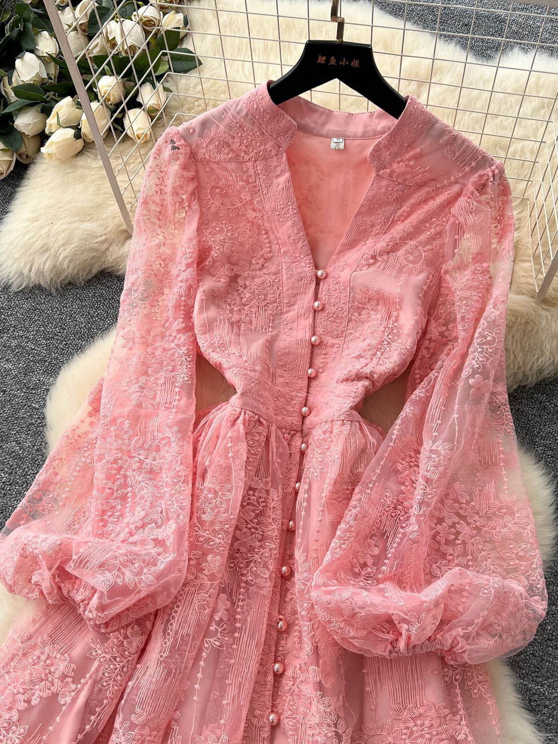 V-neck Solid Patchwork Mesh Short Dress
