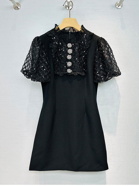 Patchwork Mesh Sequins Solid Short Dress