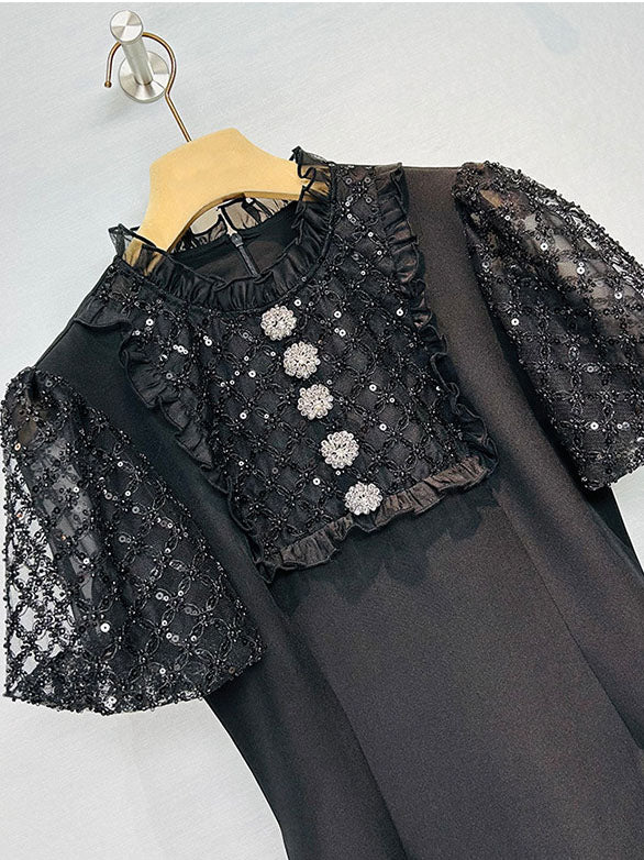 Patchwork Mesh Sequins Solid Short Dress