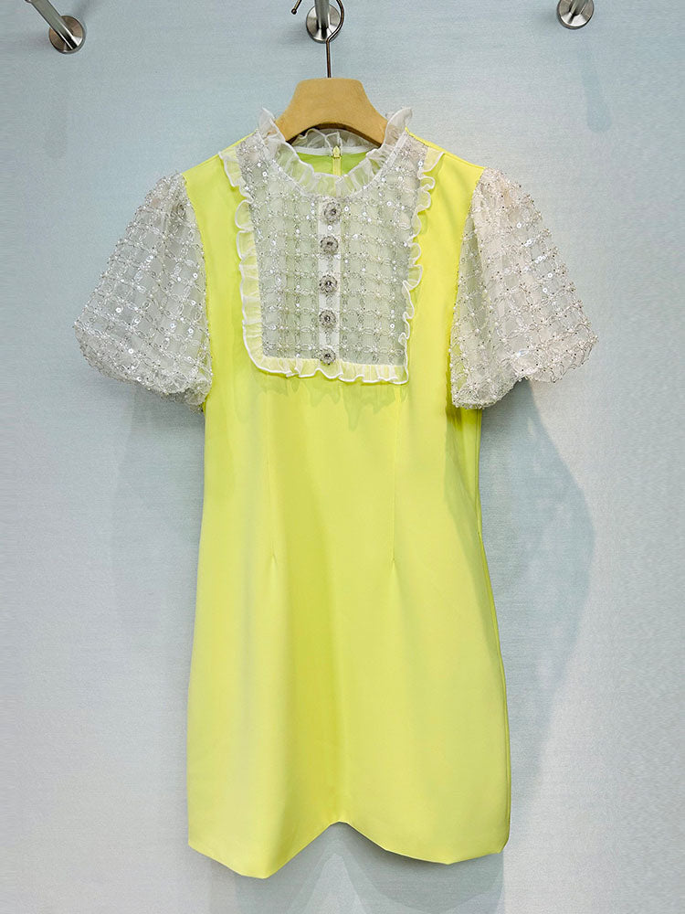 Patchwork Mesh Sequins Solid Short Dress