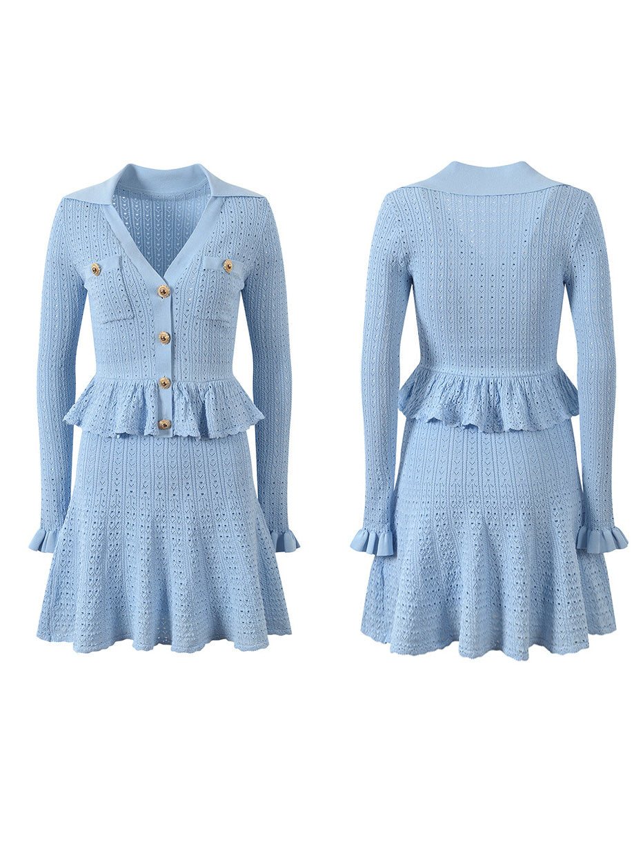 V-neck Solid Knitting Short Dress