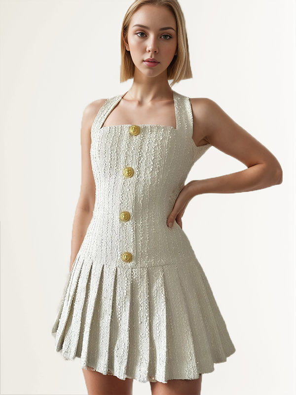 Halter Tweed Apricot Pleated Mini Dress