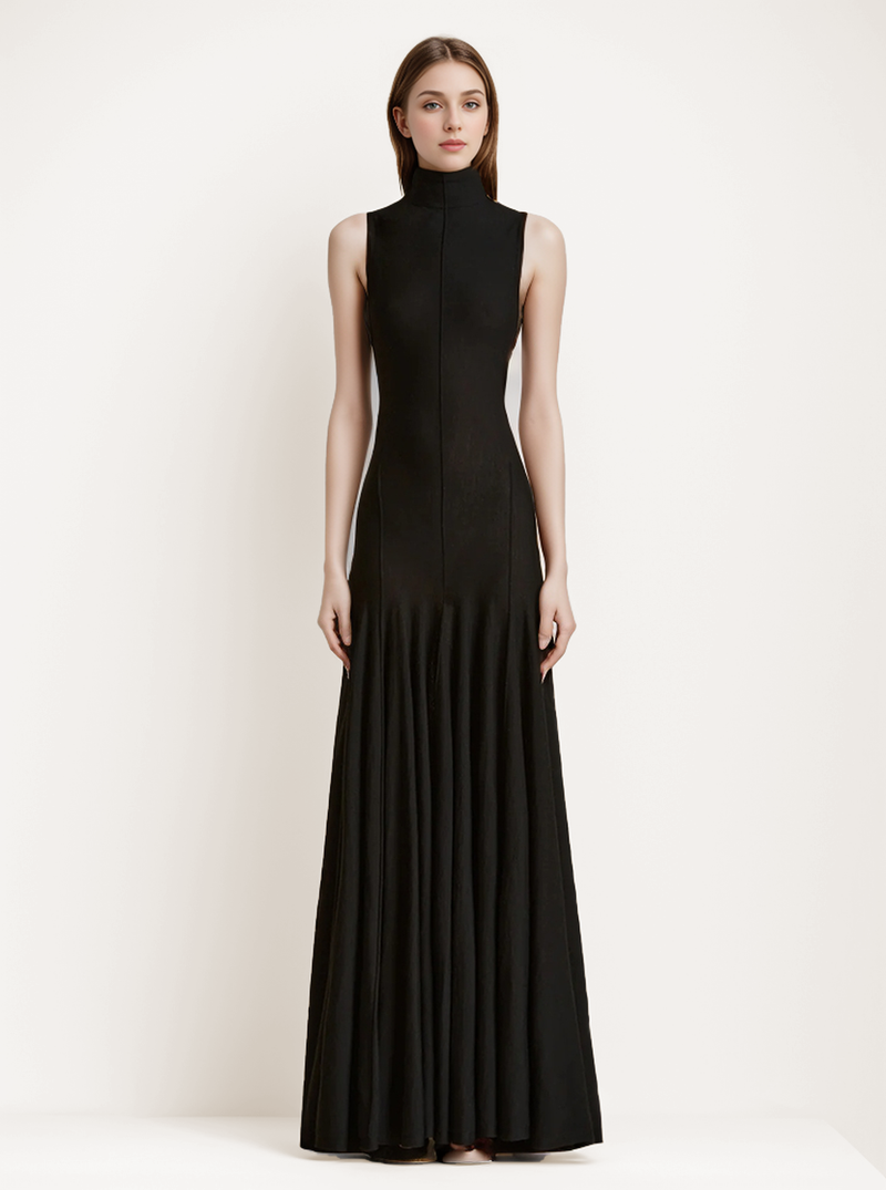 Standing Collar Pleated Long Dress