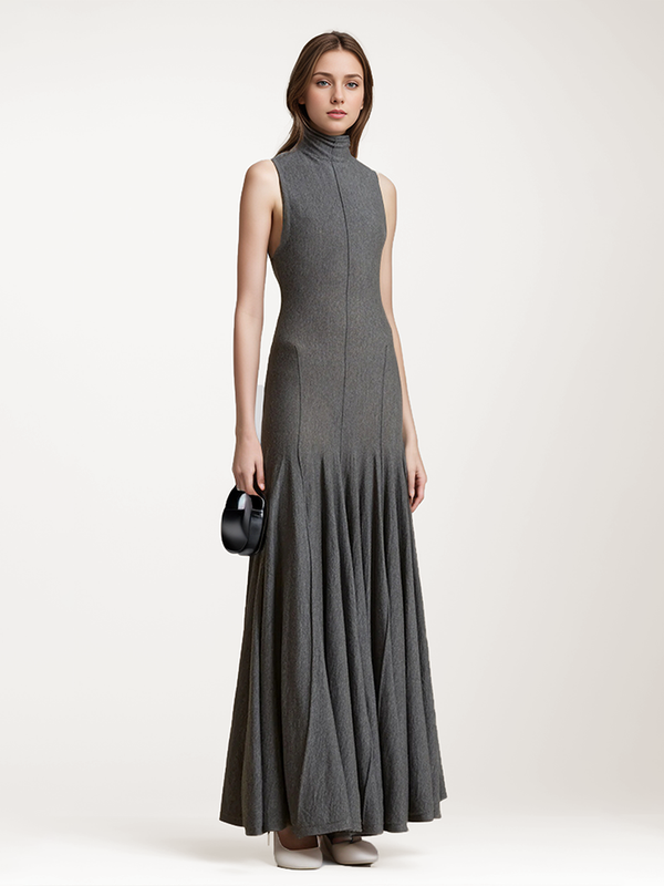 Standing Collar Pleated Long Dress