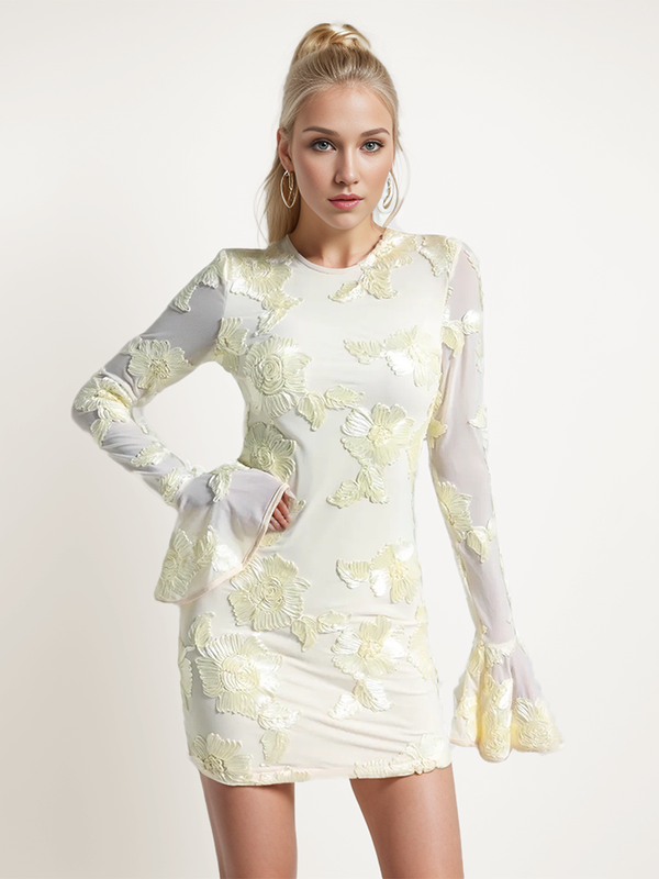 Jacquard Open Back Flower Bud Cuff Dress