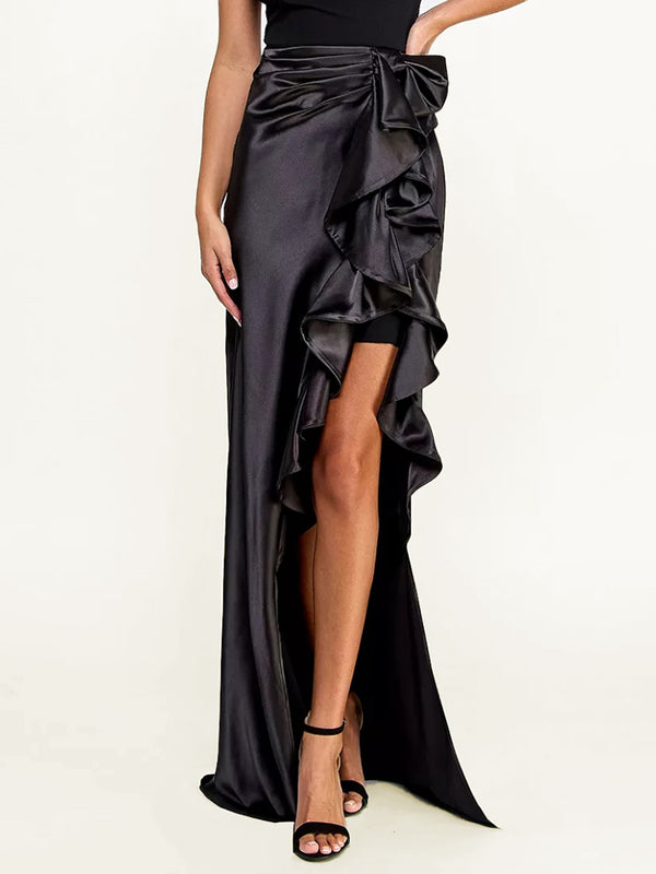 Split Satin Ruffled Long Skirt