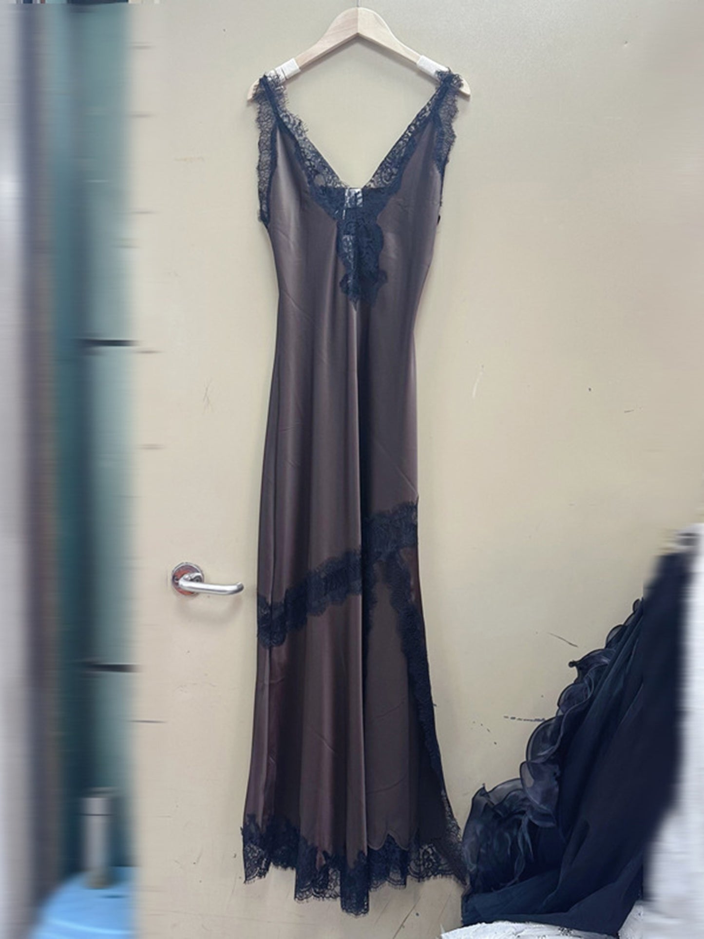 Elegant Chocolate Brown Satin Maxi Dress with Black Lace Details