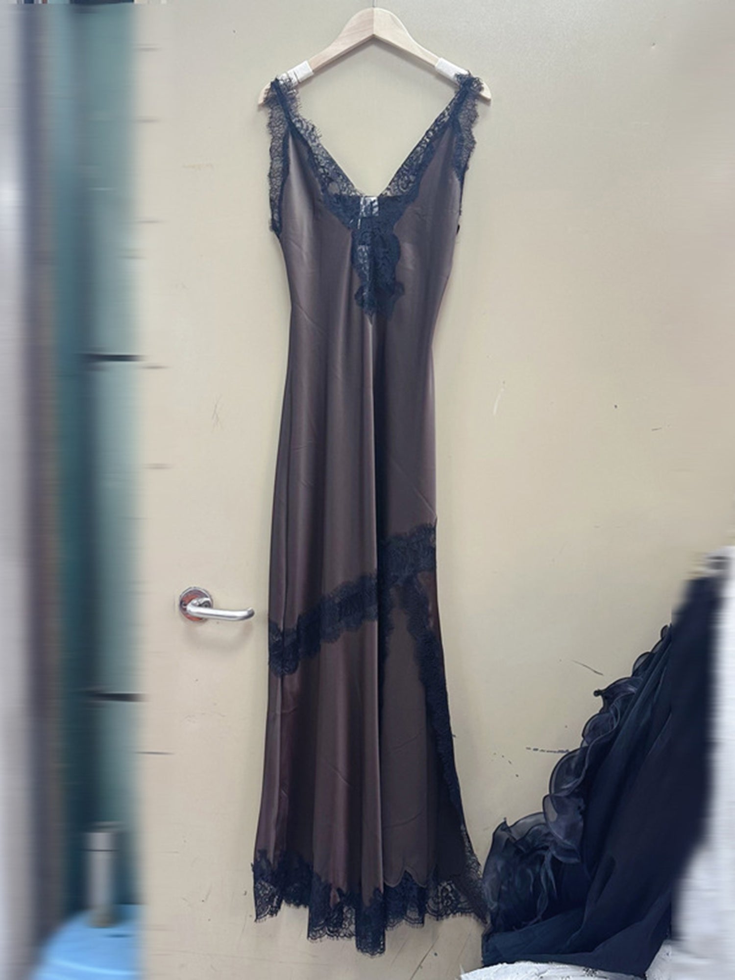 Elegant Chocolate Brown Satin Maxi Dress with Black Lace Details