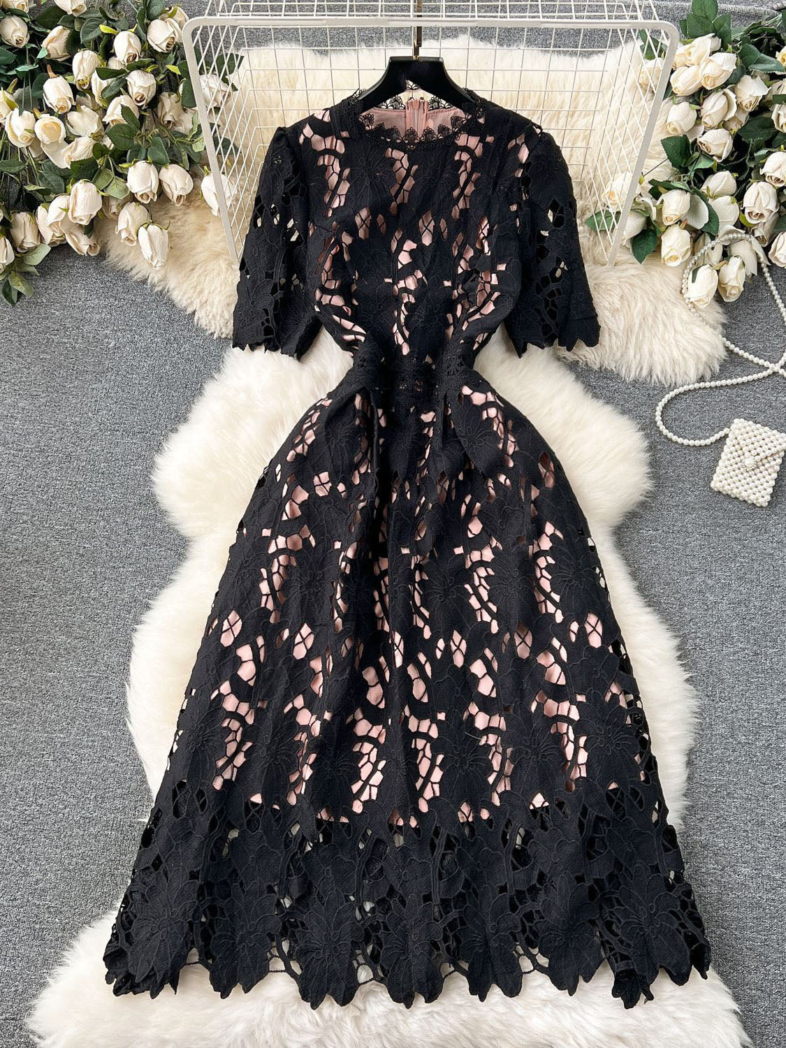 Elegant Solid Hollow Out Midi Dress