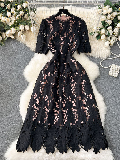 Elegant Solid Hollow Out Midi Dress